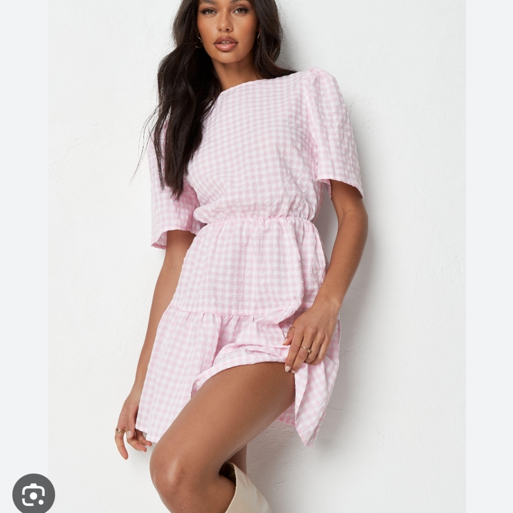 Missguided Gingham Lightweight Tiered Poplin Frill Waist Skater Dress Linen Look